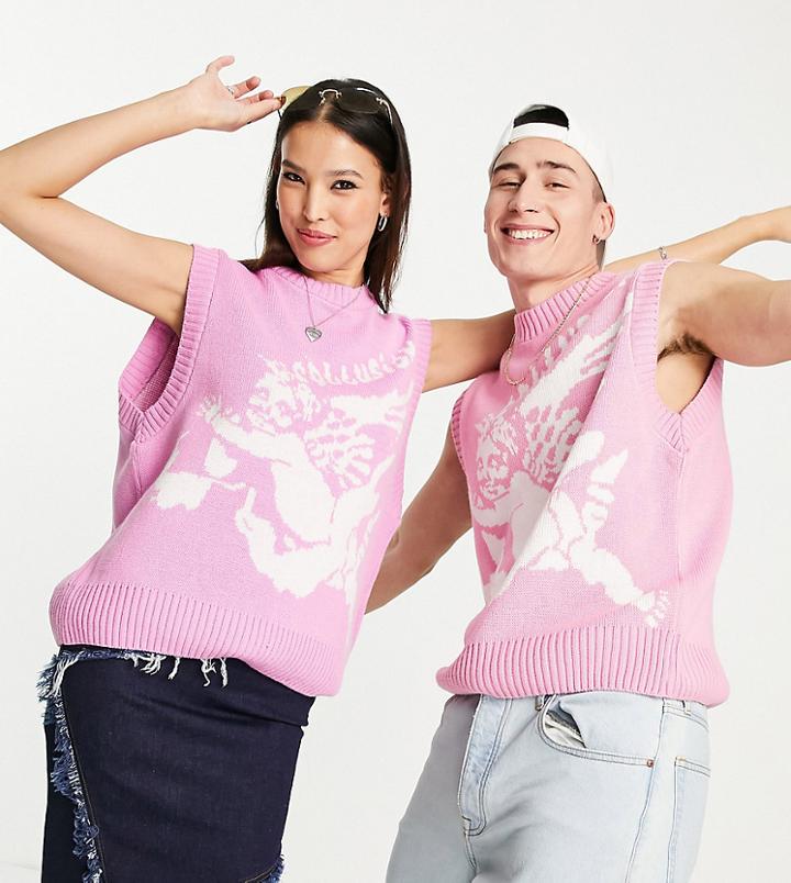 Collusion Unisex Knitted Tank With Cherub Print In Pink-multi