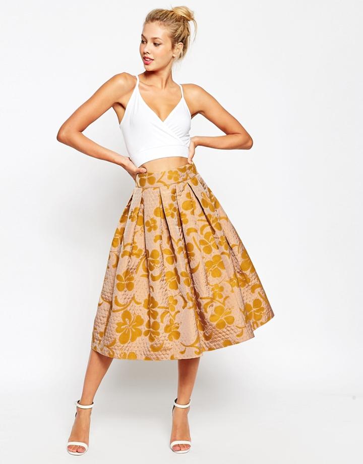 Asos Midi Prom Skirt In Quilted Floral Jacquard - Multi