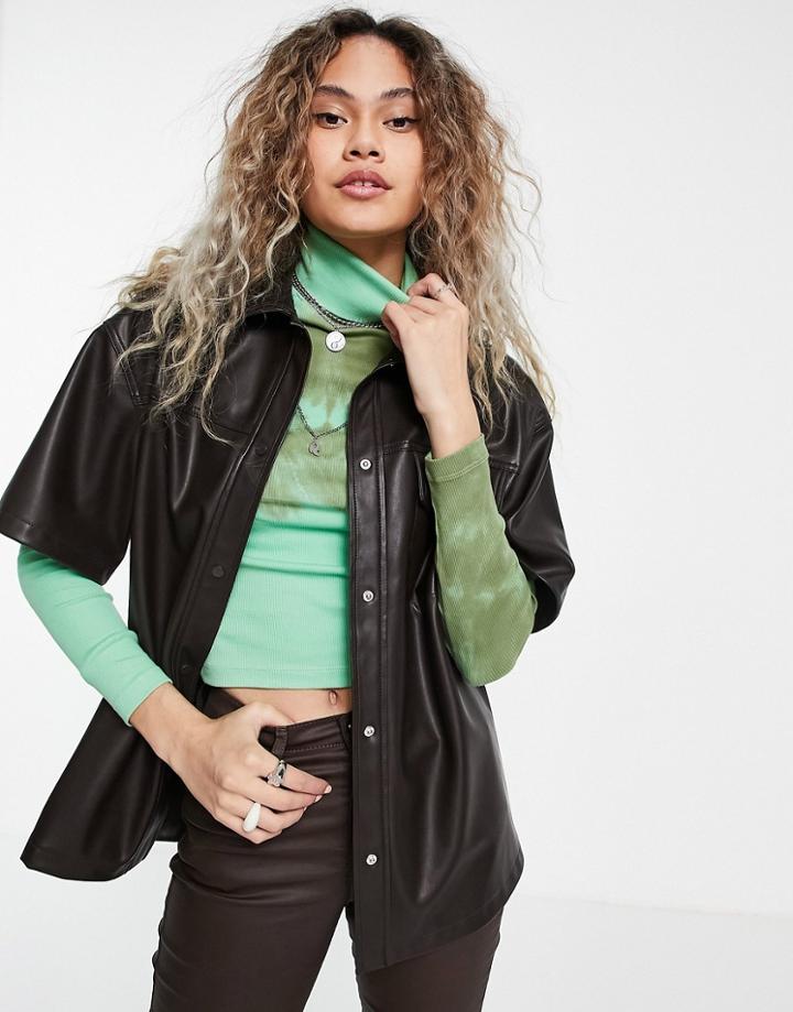 Topshop Faux Leather Short Sleeve Shirt Jacket In Brown