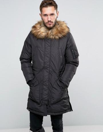 Diesel W-esk Parka Jacket Faux Fur Trim - Black