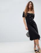 Asos Button Through Off Shoulder Midi Dress-black