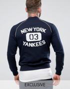 Majestic Fleece Letterman Jacket With Yankees Towelling Back Print Exclusive To Asos - Navy
