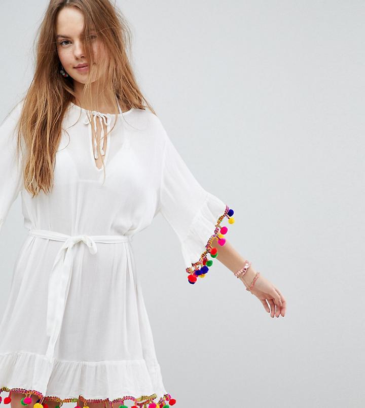 Akasa Pom Pom Trim Beach Dress - Cream