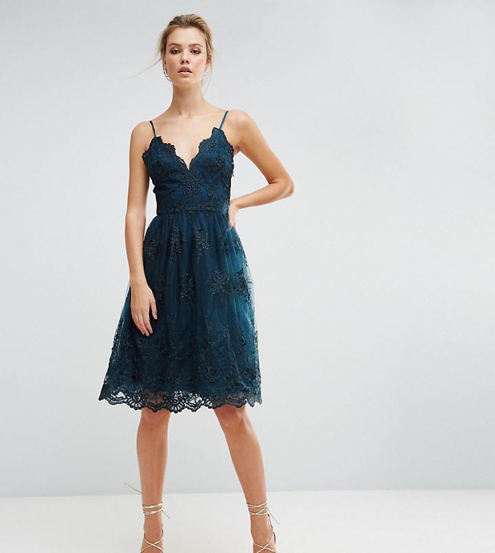 Chi Chi London Tall Premium Scalloped Metallic Lace Midi Dres - Green