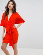 Asos Fluted Sleeve Mini Dress With Belt - Red