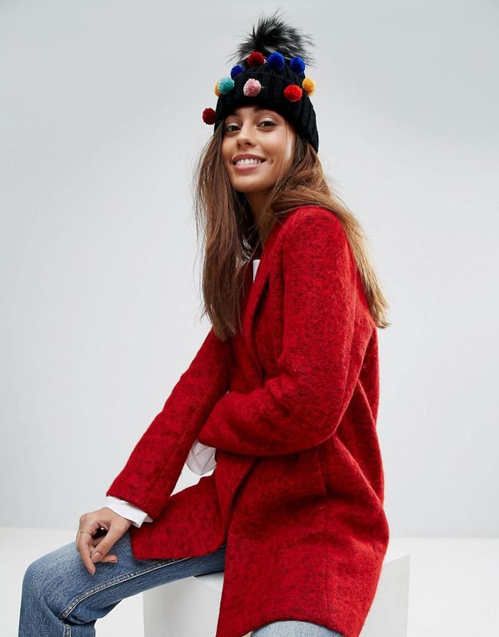 7x Pom Pom Detail Knitted Beanie Hat - Black