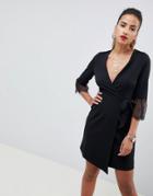 Asos Design Wrap Dress With Lace Cuff-black