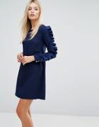Closet Long Sleeved Shift Dress With Frill Detail - Navy