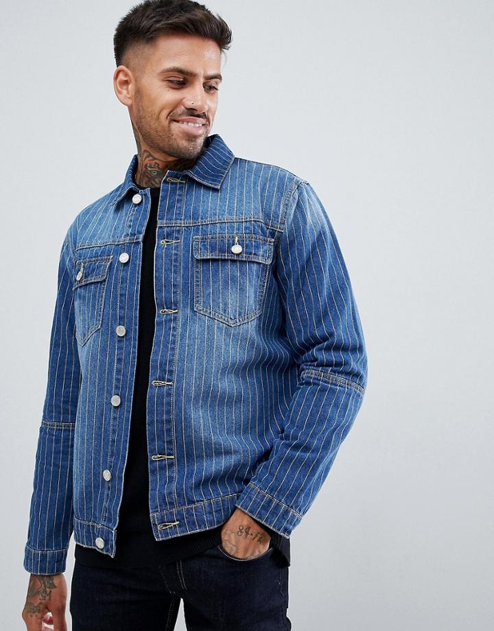 Boohooman Denim Jacket In Pin Stripe - Blue