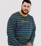Asos Design Plus Oversized Long Sleeve Stripe T-shirt With Embroidery In Pique-multi