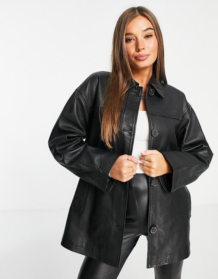 Asos Design Leather Mum Jacket In Black