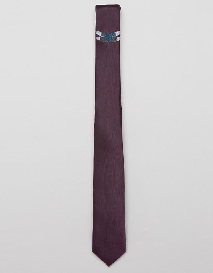 Asos Slim Tie With Butterfly Embroidery In Purple - Purple