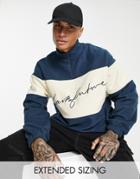 Asos Dark Future Oversized Quarter Zip Sweatshirt In Color Block Polar Fleece With Embroidery In Navy