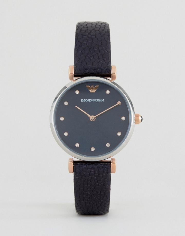 Emporio Armani Navy Leather Retro Watch Ar1989 - Blue