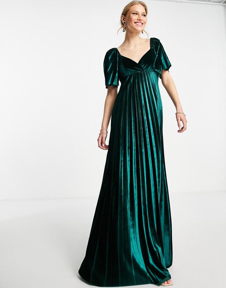 Asos Design Twist Back Empire Waist Velvet Pleated Maxi Dress In Forest Green