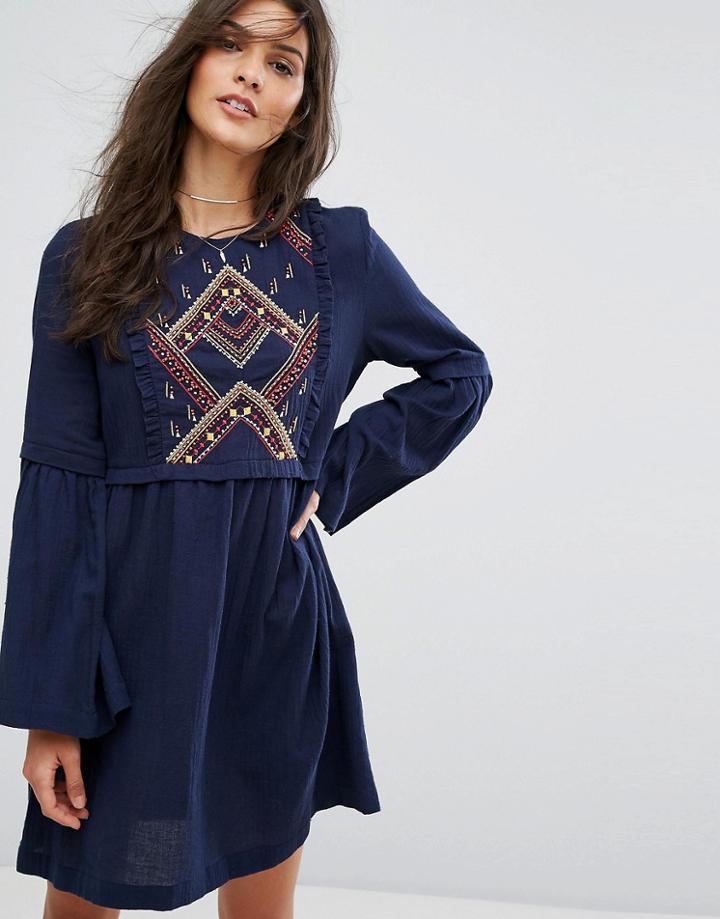 Suncoo Embroidered Smock Dress - Navy