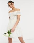 Maya Off Shoulder Mini Tulle Dress With Tonal Delicate Sequin In Ecru-white