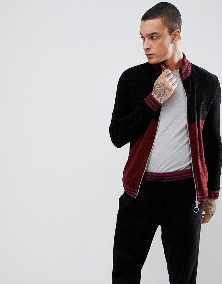 Asos Knitted Co-ord Chenille Track Jacket With Stripe In Burgundy - Multi