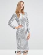 Club L Midi Dress In Sequin Placement With Long Sleeve - Silver