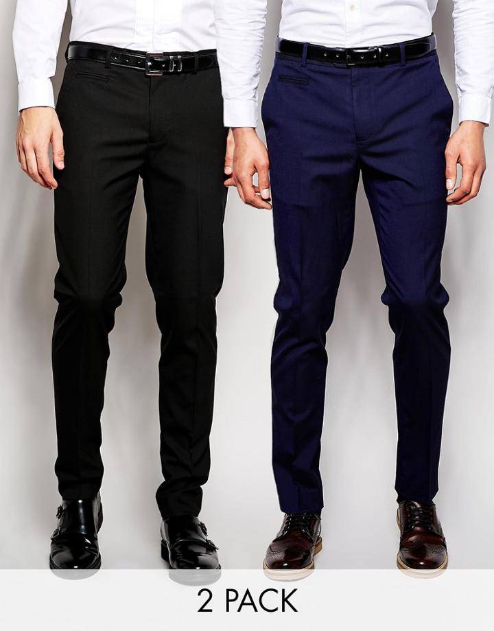 Asos 2 Pack Skinny Fit Pants In Black And Navy Save 17%