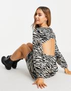 Stradivarius Long Sleeve Mini Dress With Open Back Detail In Abstract Animal Print-multi