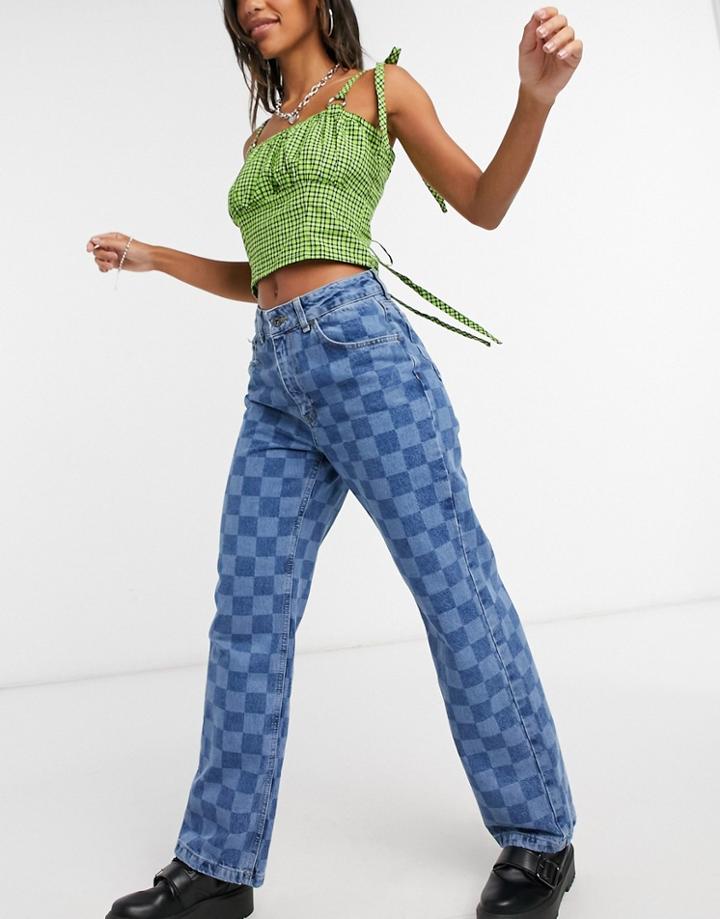 The Ragged Priest Dad Jeans In Checkerboard Denim-blue