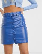 Heartbreak Button Front Belted Pu Mini Skirt In Blue