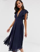 Asos Design Midi Dress With Lace Godet Panels - Navy