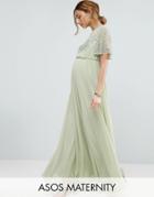 Asos Maternity Pretty Embellished Flutter Sleeve Maxi Dress - Green