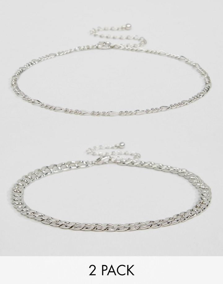 Asos Pack Of Two Fine Chain Choker Necklaces - Silver