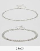 Asos Pack Of Two Fine Chain Choker Necklaces - Silver