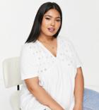 Asos Design Curve V Neck Smock Top With Broderie Panel In White
