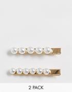 Asos Design Pack Of 2 Hair Clips With Oversized Pearls - Cream