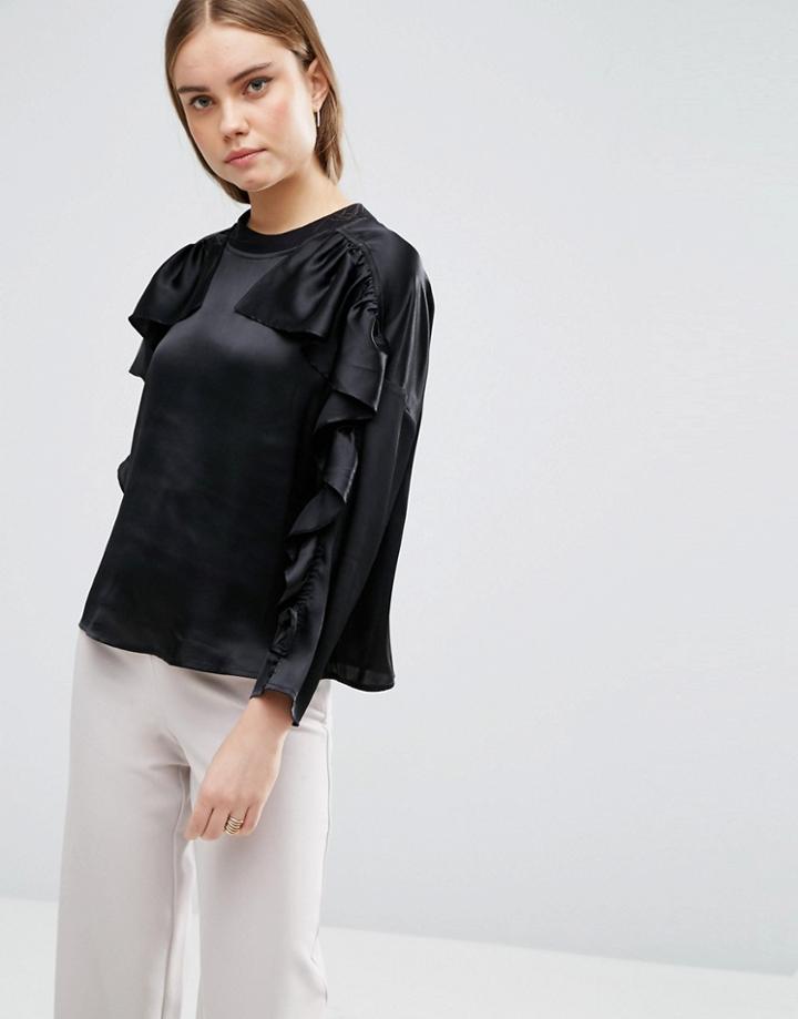 Asos Ruffle Sweat Top In Satin - Black