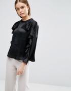 Asos Ruffle Sweat Top In Satin - Black