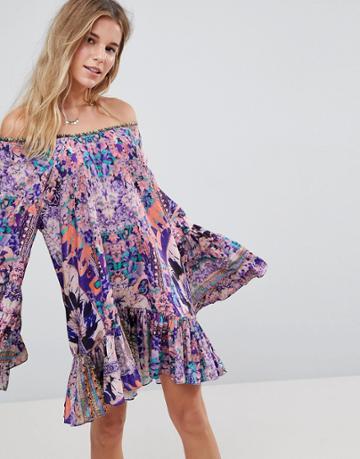 Island Stories Oversized Off Shoulder Drop Waist Ruffle Beach Dress - Multi