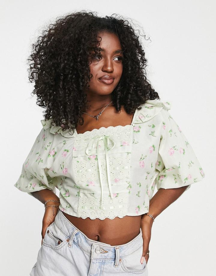 Asos Design Square Neck Top With Frill Detail & Ribbon Insert In Rose Floral Print-multi