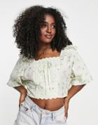 Asos Design Square Neck Top With Frill Detail & Ribbon Insert In Rose Floral Print-multi