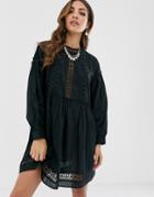 Asos Design Textured High Neck Mini Smock Dress With Lace Trim In Black