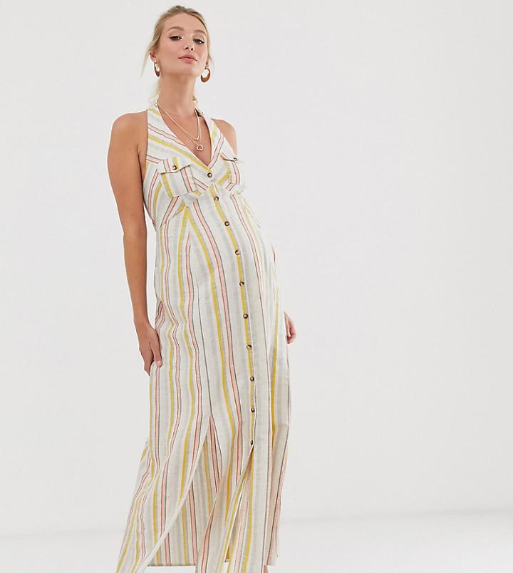 Asos Design Maternity Button Through Halter Neck Maxi Dress In Stripe - Multi