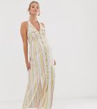 Asos Design Maternity Button Through Halter Neck Maxi Dress In Stripe - Multi