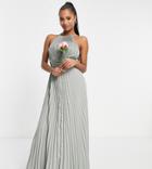 Asos Design Petite Bridesmaid Pleated Pinny Maxi Dress With Satin Wrap Waist In Olive-green
