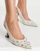 Asos Design Santino Embellished Slingback Mid Heeled Shoes In Natural-neutral