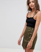 Asos Design Asymmetric Wrap Mini Skirt With Button Front - Green
