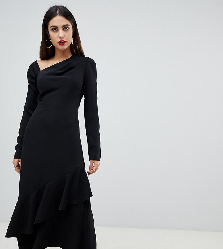Yaura Slash Neck Ruffle Midi Skater Dress In Black
