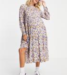 Pieces Maternity Midi Smock Dress In Lilac Floral-multi