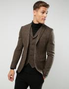 Asos Slim Blazer In Harris Tweed 100% Wool Herringbone - Brown