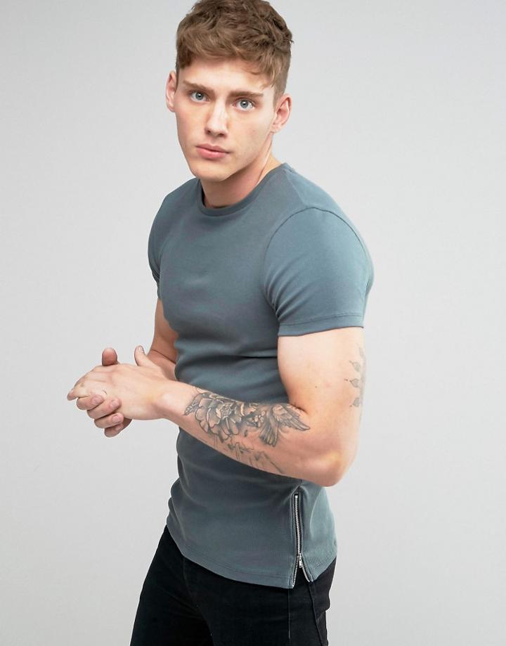 Asos Longline Muscle T-shirt With Side Zips In Blue - Blue