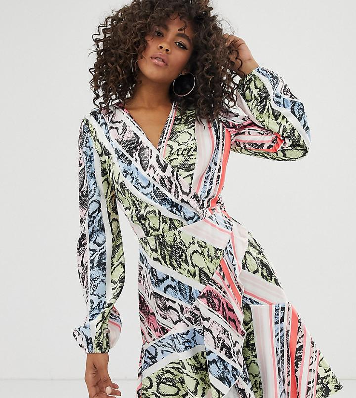 Flounce London Tall Satin Mini Wrap Dress In Multi Animal