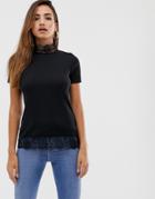 Prettylittlething Basic Short Sleeve T-shirt With Lace Trim In Black - Black
